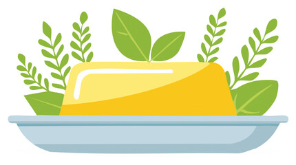 Bright yellow butter block or margarine on a blue plate with fresh green leaves vector illustration