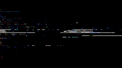 Abstract data stream glitch pixel pattern on black background for digital display distortion concept and technology theme