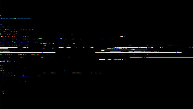 Abstract data stream glitch pixel pattern on black background for digital display distortion concept and technology theme