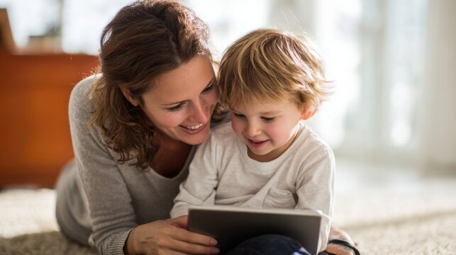 A mother and her young son lie on a soft carpet, smiling as they enjoy a fun video on a tablet together in their warm, inviting living room filled with natural light.