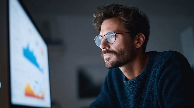 Focused man in glasses analyzes data on a computer screen. Implies dedication, concentration, late nights, business strategy, and problemsolving. Modern, authentic.