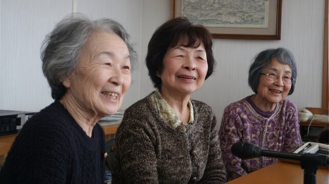 Three elderly women smile happily as they engage in conversation during a casual meetup in a warm, inviting room. Their joyful expressions reflect years of friendship and shared memories.