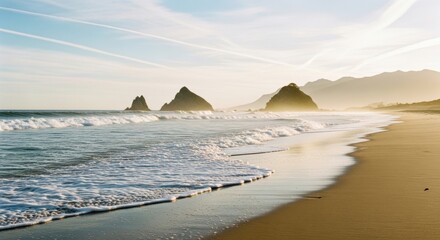 Serene coastal landscape. Ocean waves on a sandy shore. Golden hour sunlight over sea stacks and mountains. Travel destination concept for wellness and mindfulness marketing