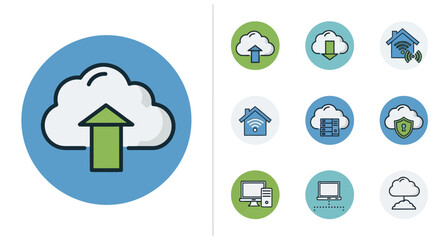 Cloud computing and data technology icon set with upload download and security symbols.