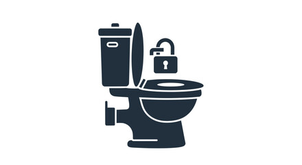 Simple black graphic icon of a toilet secured with a large padlock on its cistern.