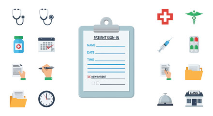 A colorful flat design icon set for medicine healthcare and hospital services.