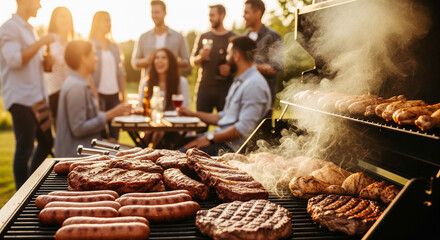 a group of people are having a party with grilled meat on the grill