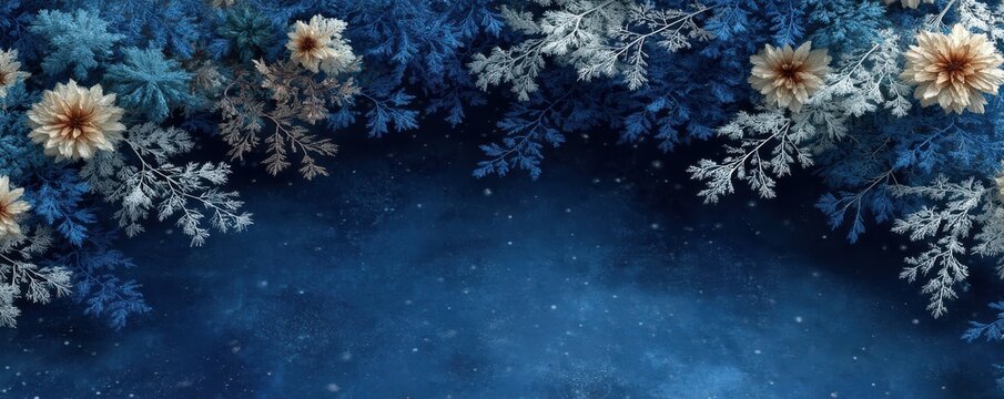 Blue winter scene with snowflakes framing the edges and frosted branches with red berries