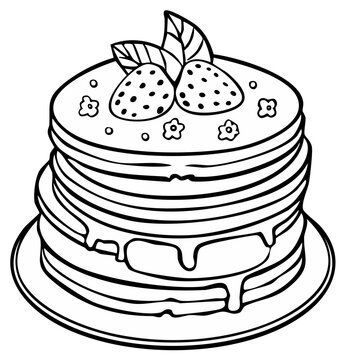 Stack of pancakes with strawberries and dripping syrup black and white line art illustration