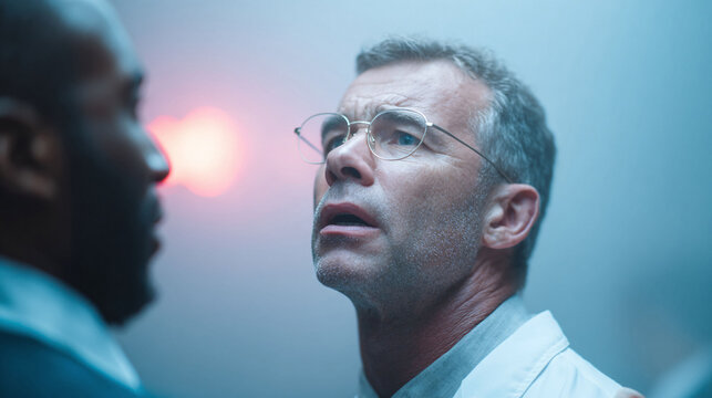 Intense faceoff between two professionals in a sterile environment. Dramatic lighting highlights tension and determination. Perfect for illustrating conflict, research, and critical decisions.