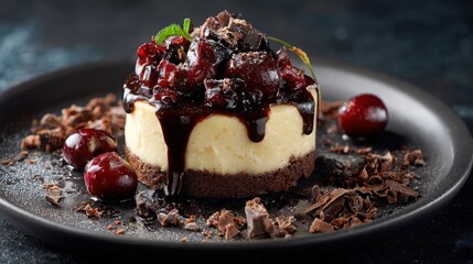 Exquisite cheesecake topped with dark chocolate, cherries, and chocolate shavings, served on a black plate, perfect for dessert lovers and food enthusiasts