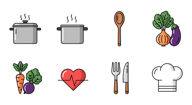 Cooking essentials icons set with vegetables, kitchenware, and heartbeat symbol