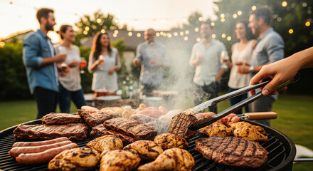 a group of people are having a party with grilled meat on the grill