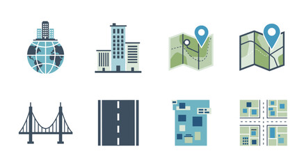 Urban planning icons: global networks, maps, and infrastructure elements