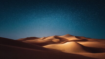 Naklejka premium A stunning view of vast sand dunes under a clear night sky. The stars sparkle brightly above, creating a serene and magical atmosphere in the desert.