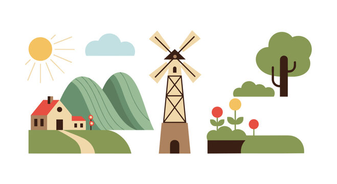Charming countryside scene with windmill and nature elements in flat design