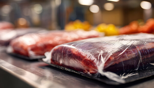 Medium shot focusing on biodegradable wrap tightly sealing fresh meat showcasing ecofriendly packaging solutions