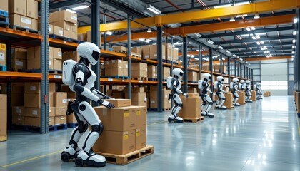 Futuristic Warehouse Automation with Robots High-Tech Storage Facility Dynamic Environment Aerial Perspective