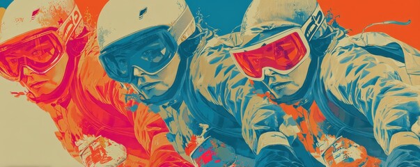 Three snowboarders in mid-air action, vibrant color art illustration for sports and adventure
