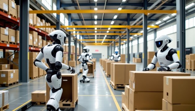 Futuristic Warehouse Robots Automating Logistics High-Tech Facility Industrial Environment Aerial View Innovation - Powered by Adobe
