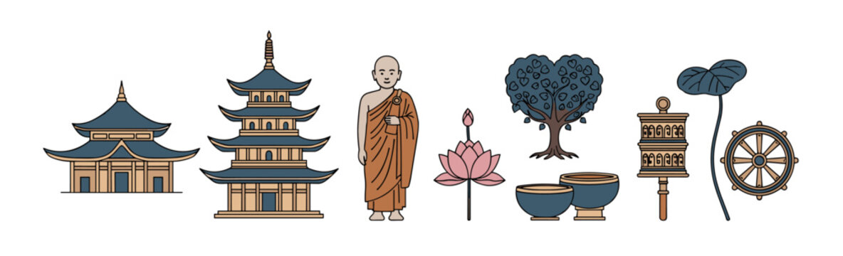 Buddhist symbols and structures: pagoda, monk, lotus, dharma wheel