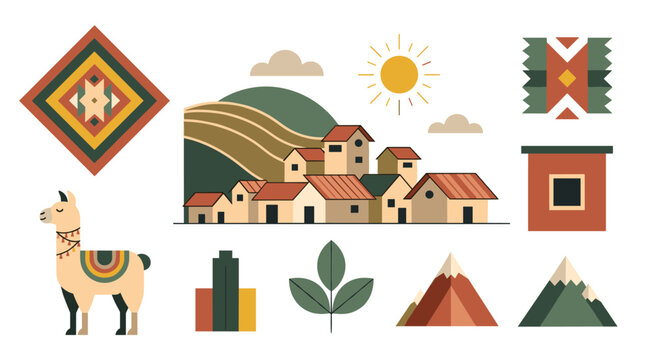 Flat style peruvian village and llama with geometric patterns and mountains