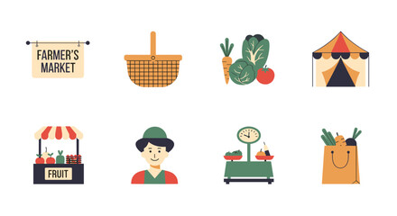 Whimsical farmer's market elements: basket, produce, and vendor icons