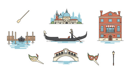 Venice icons set: gondola, venetian masks, sidewalk cafe, and landmarks in line art style