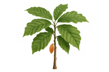 Cacao tree illustration with green leaves and a cocoa pod, showing the plant producing chocolate bean fruit, transparent background