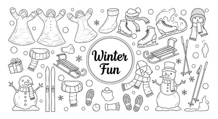 Obraz premium Winter fun activities outline featuring snowmen, skates, and sleds in playful doodle art