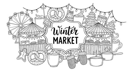 Cozy winter market with festive stalls, holiday treats, and warm beverages in hand-drawn style