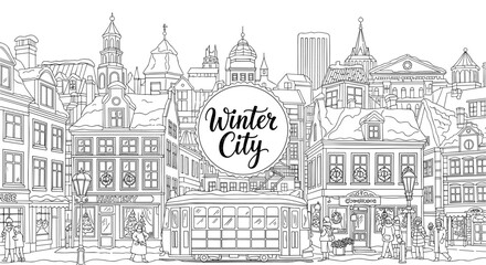 Fototapeta premium Winter cityscape with tram and snow-covered rooftops in black and white linear style