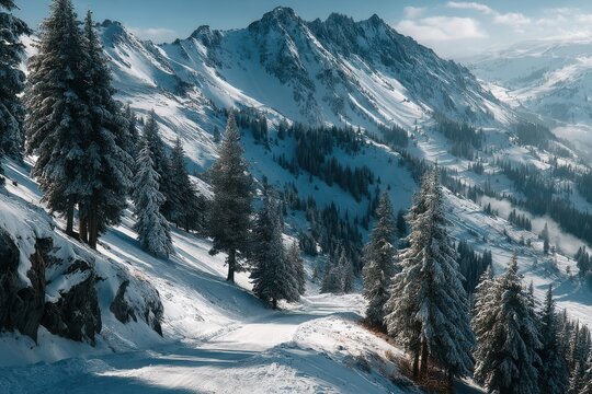 Snowy mountain landscape with pine trees and a winding ski slope under blue sky