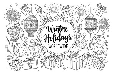 Obraz premium Winter holidays celebration worldwide outline design with gifts and lanterns