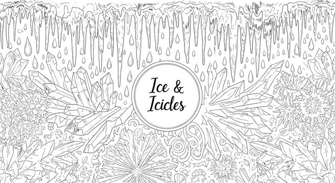 Ornate winter design with ice crystals and icicles in intricate line art