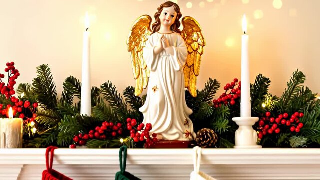 Close up of a fireplace mantle decorated with an angel statue, lit candles, garland, and three knit christmas stockings