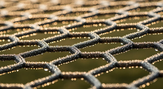 Close up of a metal fence covered in sparkling frost and water droplets with a soft golden light shining through the mesh pattern