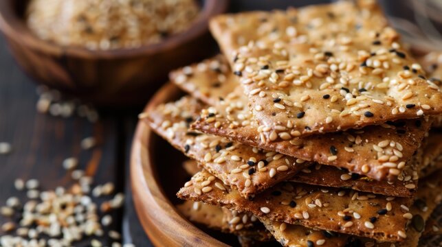 A close-up of sesame crackers stacked in a wooden bowl. The crackers are golden brown with sesame seeds on top. A small bowl of sesame seeds is in the background.