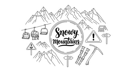 Snowy mountains outline with winter adventure signs and gear