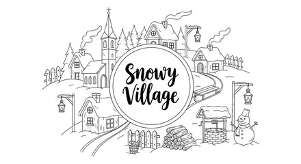Charming winter village scene with snowy houses and snowman in black and white line art