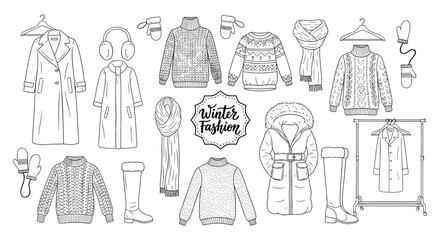 Winter fashion outfits and accessories collection in black and white line art