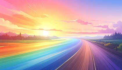 Cartoon highway at sunset with vibrant colorful sky