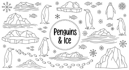 Penguins and ice sketch with fish and snowflakes in minimalist style