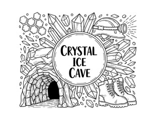 Intricate crystal ice cave design with adventure elements in black and white