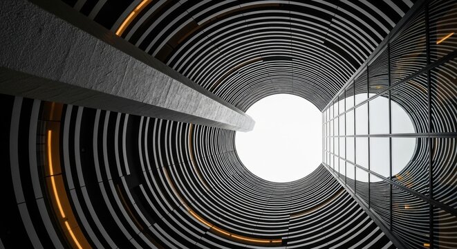 Modern architectural detail with a circular design. Abstract geometric patterns and concentric circles. Futuristic concrete and glass structure with neon lights. Corporate ambition concept