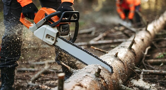Professional lumberjack cutting fallen tree trunk with chainsaw in forest wood industry concept showing power precision and forestry work equipment in action.