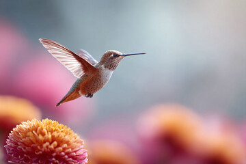 Obraz premium A hummingbird hovering near vibrant flowers, symbolizing natures beauty and delicate balance. Great for conveying freedom, joy, and connection to the natural world.