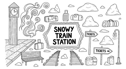Fototapeta premium Hand drawn winter train station with luggage and signs