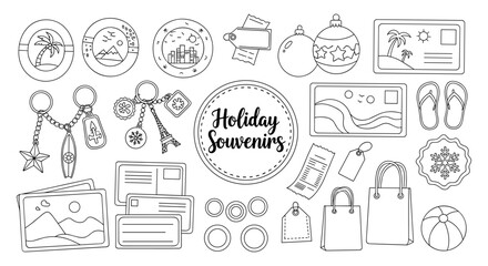 Holiday souvenirs set with travel icons and gift items in linear style