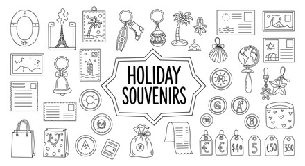 Outline design collection of holiday souvenirs with travel icons and elements